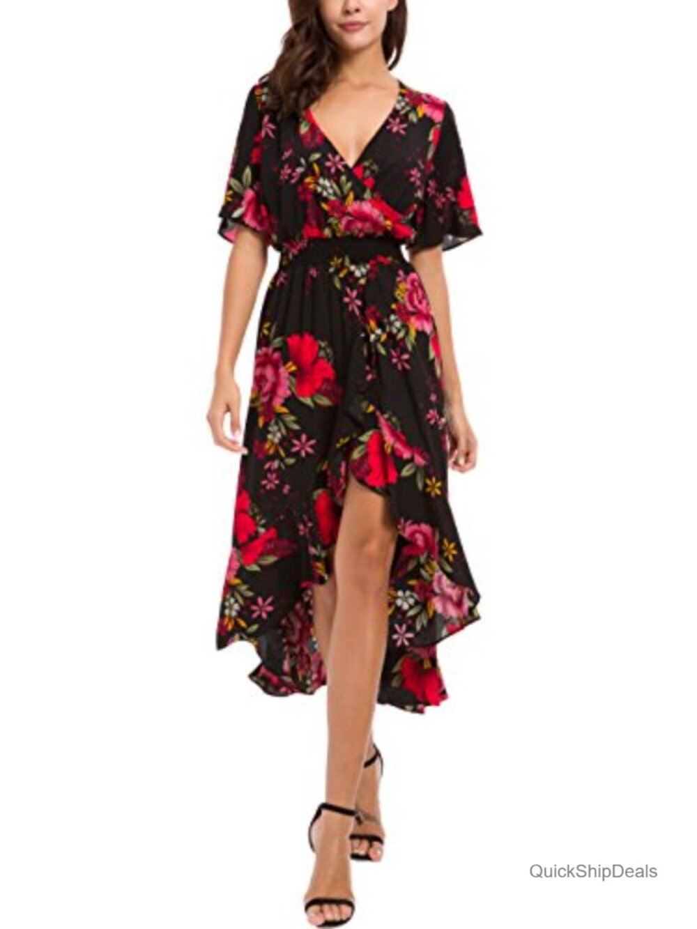 Floral Print High Low V-Neck Short Sleeve Maxi Dress Party